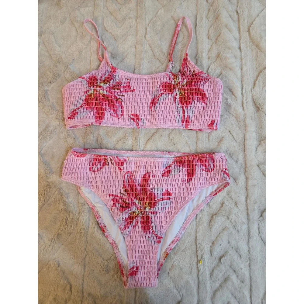 RoseSeek Girls Pink Floral Smocked Bikini Set High Waisted 2 Piece Swimsuit 14Y